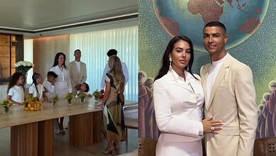 Cristiano Ronaldo and Georgina Rodriguez at their wedding, dressed in white, with a globe backdrop.