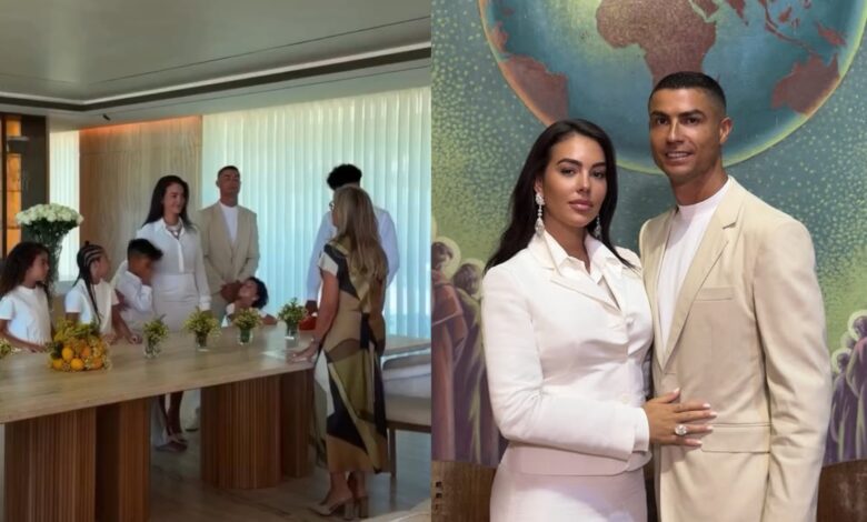 Cristiano Ronaldo and Georgina Rodriguez at their wedding, dressed in white, with a globe backdrop.