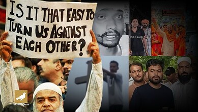 Protesters holding signs and images in a demonstration against anti-minority attacks.