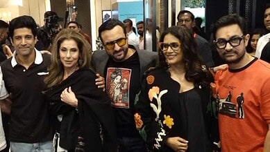 Aamir Khan and Saif Ali Khan with friends at an event celebrating Dil Chahta Hai's 25th anniversary.