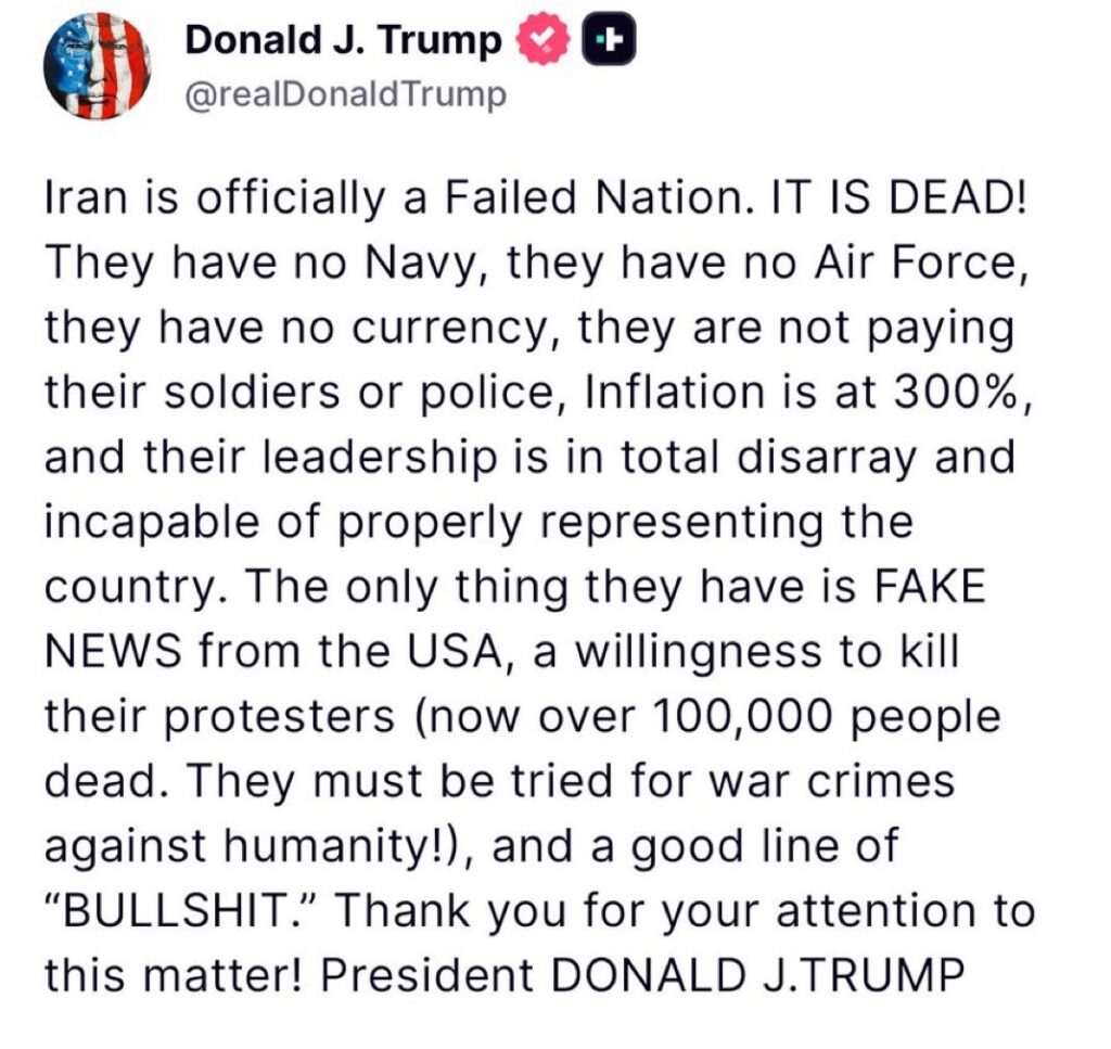 Screenshot of Donald Trump’s Truth Social post calling Iran a “failed nation”.