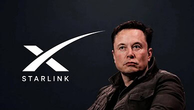 Elon Musk standing next to Starlink logo on a dark background.