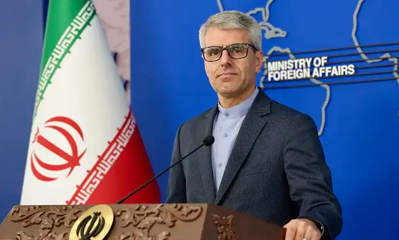 Iran's Foreign Ministry spokesperson speaking at a press conference with Iran flag in background.