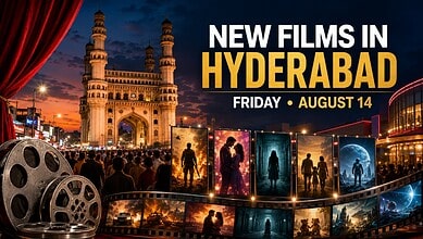 Promotional poster for new film releases in Hyderabad on August 14 with iconic cityscape background.