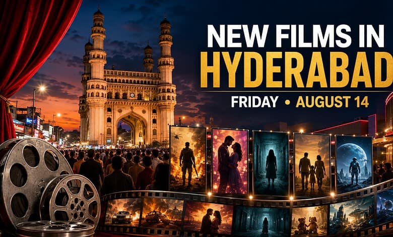 Promotional poster for new film releases in Hyderabad on August 14 with iconic cityscape background.