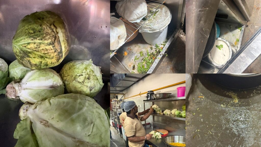 Watermelons and cabbages in a kitchen, with a person preparing vegetables.