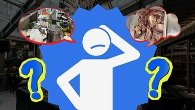 Confused person with question marks, kitchen and raw meat images in thought bubbles.