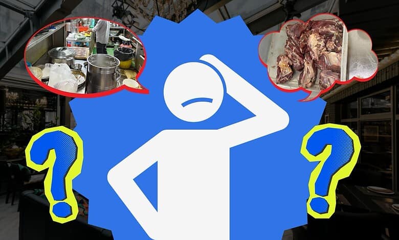 Confused person with question marks, kitchen and raw meat images in thought bubbles.