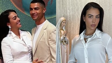 Ronaldo's wife Georgina with Cristiano Ronaldo at a public event, smiling and dressed elegantly.