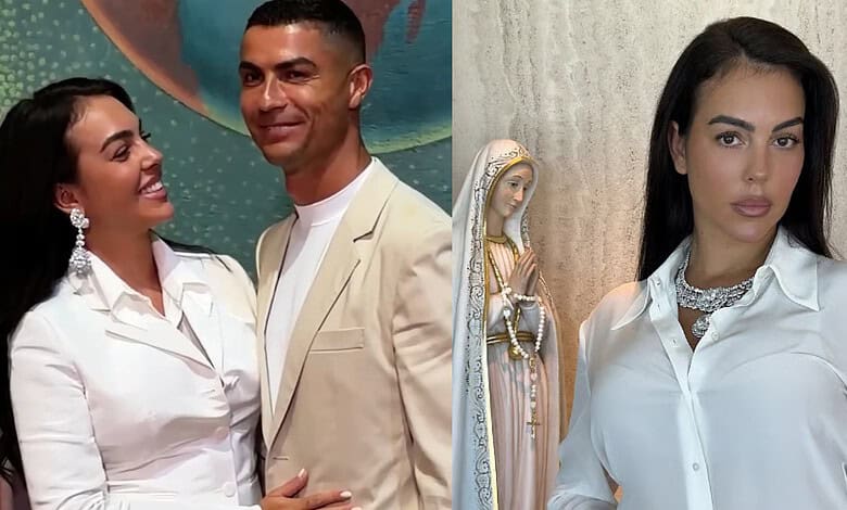 Ronaldo's wife Georgina with Cristiano Ronaldo at a public event, smiling and dressed elegantly.
