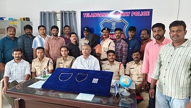 Group of police officers and officials at Telangana Anti-Way Police event in Hyderabad.