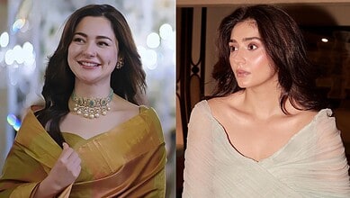 Hania Aamir and Durefishan Saleem at an event, smiling and posing for photos.