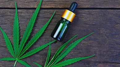 Cannabis leaves next to a dropper bottle of hemp oil on a wooden surface.