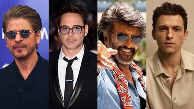 Four male actors in stylish outfits, including sunglasses and formal wear, posing for a photo.