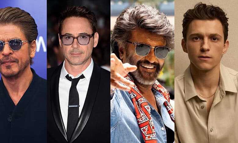Four male actors in stylish outfits, including sunglasses and formal wear, posing for a photo.