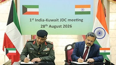 Indian and Kuwaiti officials signing agreements at the 1st India-Kuwait JDC meeting, 28th August 2026.