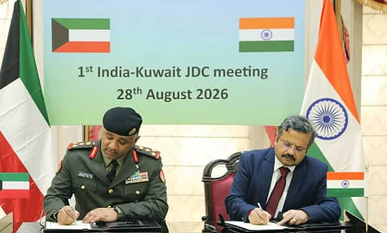 Indian and Kuwaiti officials signing agreements at the 1st India-Kuwait JDC meeting, 28th August 2026.