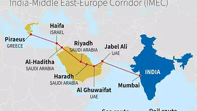 Map showing the India-Middle East-Europe corridor connecting Israel, Saudi Arabia, UAE, and India.