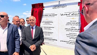Palestinian officials at groundbreaking ceremony for India-funded hospital in Jenin.