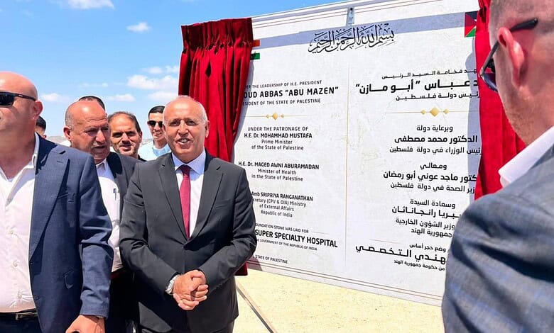 Palestinian officials at groundbreaking ceremony for India-funded hospital in Jenin.