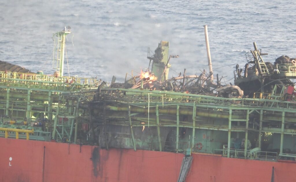 Damaged LPG tanker after explosion in Gulf of Aden.