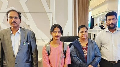 Indian nurse Maria Stella Martin with supporters after returning from Saudi Arabia.