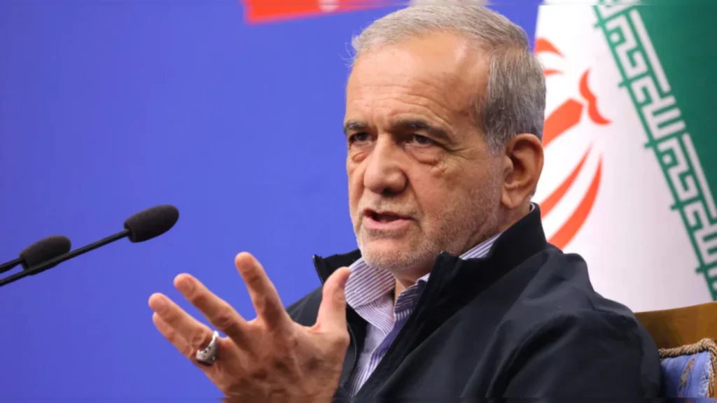 Iranian President Masoud Pezeshkian speaks during an event in Tehran.