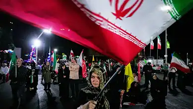 Woman holding Iranian flag during night protest with crowd and flags in the background.