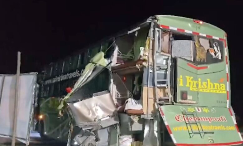 A mangled bus after accideent in Suryapet
