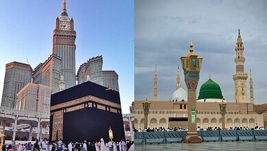 Makkah and Madinah skyline with iconic landmarks and mosques in Saudi Arabia.