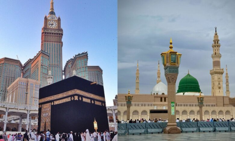 Makkah and Madinah skyline with iconic landmarks and mosques in Saudi Arabia.