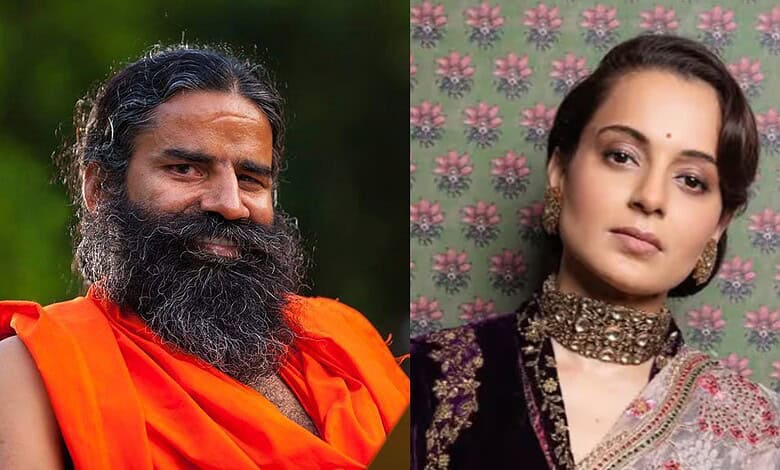 Kangana Ranaut and Baba Ramdev together, smiling, at a cultural event or gathering.