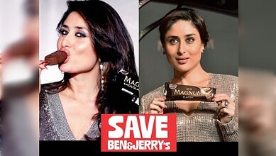 Kareena Kapoor featured in Magnum promotional images with a “Save Ben & Jerry’s” campaign graphic.