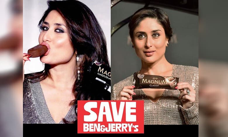 Kareena Kapoor featured in Magnum promotional images with a “Save Ben & Jerry’s” campaign graphic.