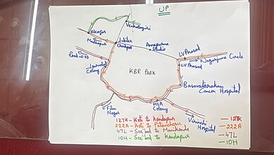 Map of KBR Park with bus routes and landmarks in Hyderabad, India.