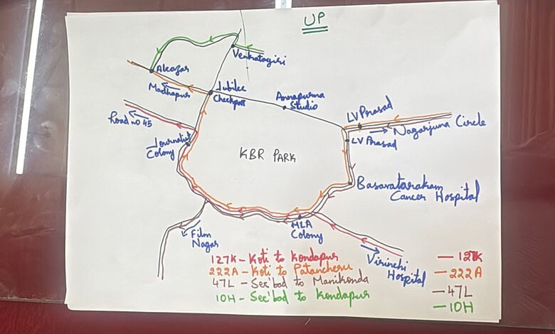 Map of KBR Park with bus routes and landmarks in Hyderabad, India.