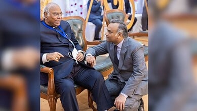 AICC president Mallikarjun Kharge with Karnataka Home Minister Priyank Kharge