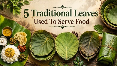 Assorted traditional leaves used for serving food, displayed on a rustic wooden surface.