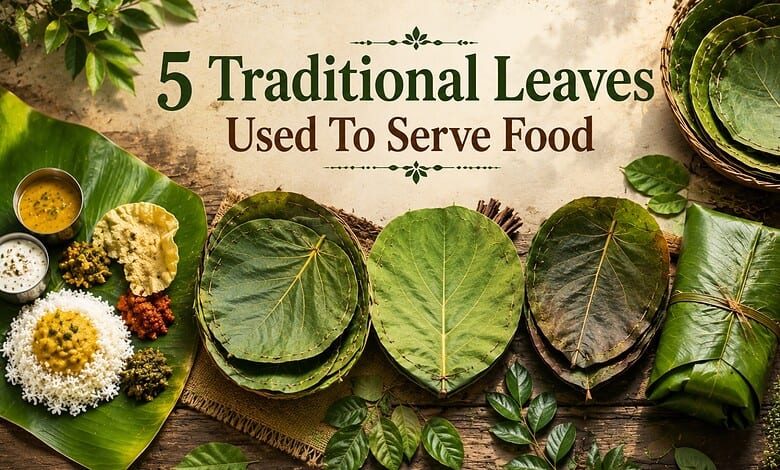 Assorted traditional leaves used for serving food, displayed on a rustic wooden surface.