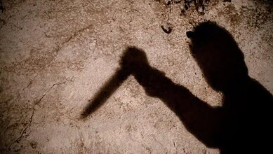 Silhouette of a person holding a knife, cast on a rough wall, creating a tense scene.