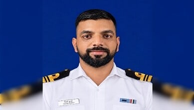 Shivam Kumar in uniform with a confident expression, highlighting his bravery in the Gulf of Aden rescue.
