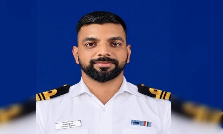 Shivam Kumar in uniform with a confident expression, highlighting his bravery in the Gulf of Aden rescue.