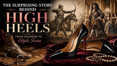 Elegant black high heels with a pearl necklace on a velvet cloth, historical scene in background.