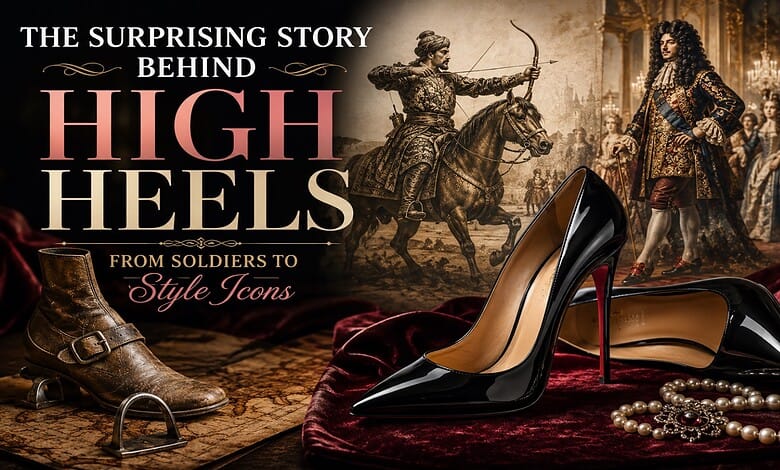 Elegant black high heels with a pearl necklace on a velvet cloth, historical scene in background.