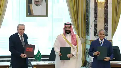 Leaders of Pakistan, Saudi Arabia, and Turkiye sign defence agreement in Makkah.