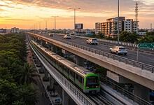 Modern green metro train running on elevated corridor in Bengaluru at sunset.