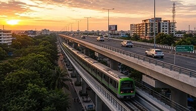 Modern green metro train running on elevated corridor in Bengaluru at sunset.