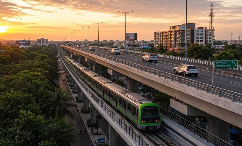 Modern green metro train running on elevated corridor in Bengaluru at sunset.