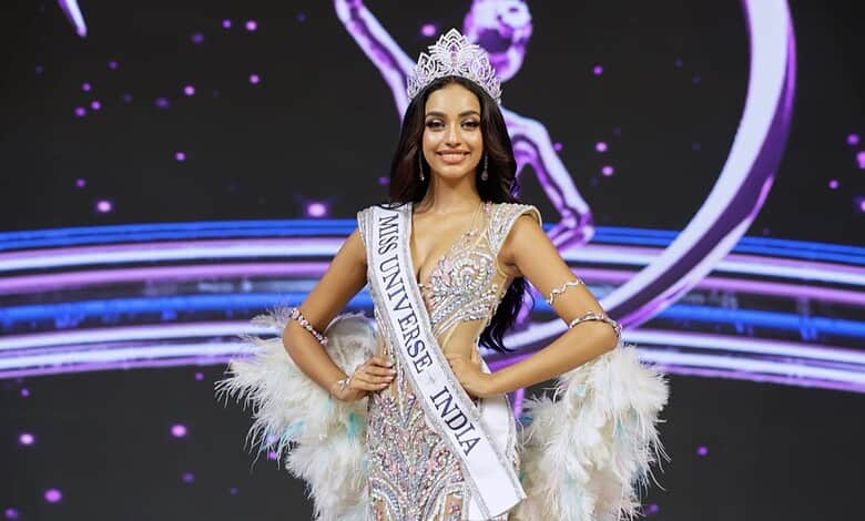 Kerala girl wearing crown and sash at Miss Universe India 2026 event.