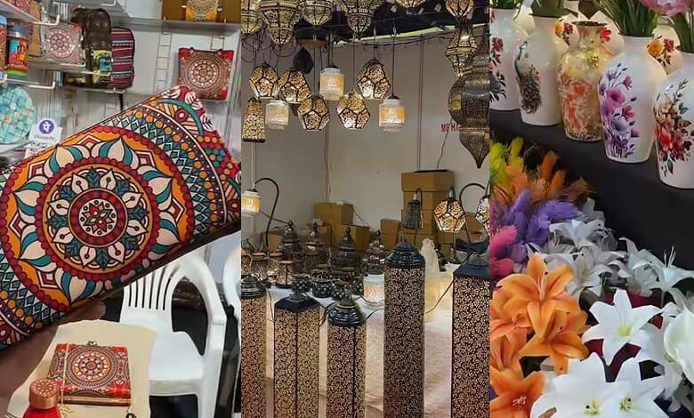 Vibrant handcrafted decorative items including bags, lamps, and vases displayed at a market stall.
